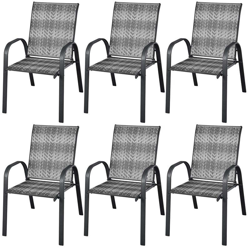 Outdoor Stackable Chairs Set of 6 PE Wicker Patio Dining Chairs with Armrest Sturdy Steel Frame & for Garden Yard Deck Lawn