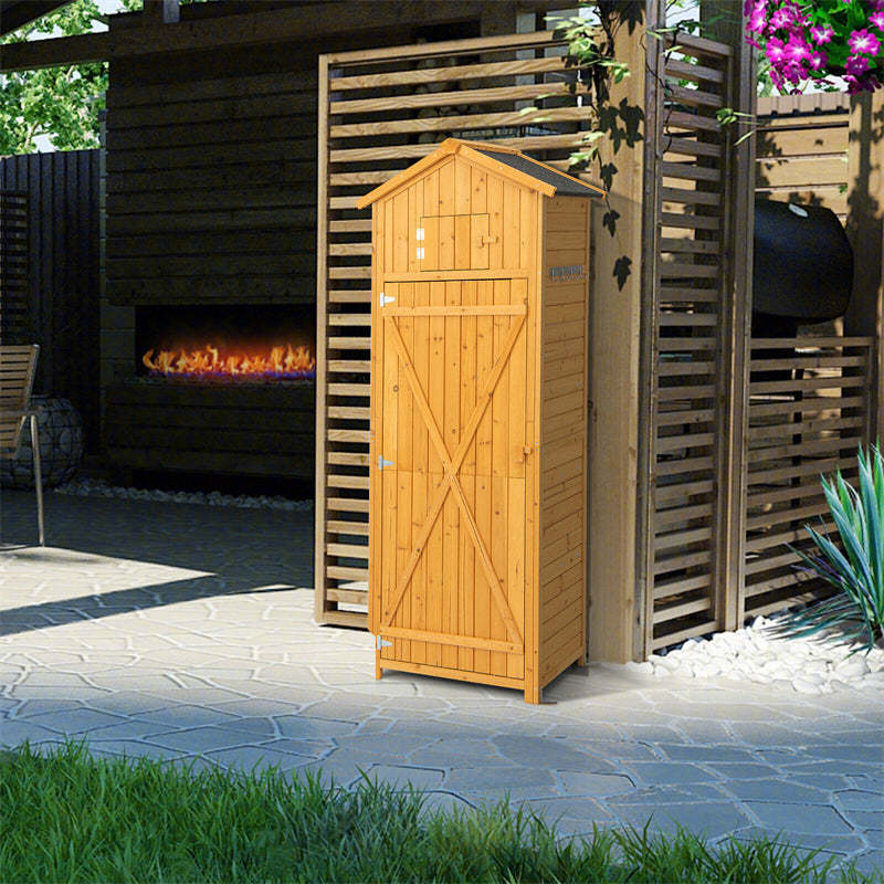 71" Tall Wooden Storage Shed with Lockable Doors & Foldable Work Table, Waterproof Outdoor Cabinet with Removable Shelves for Patio, Backyard, Deck