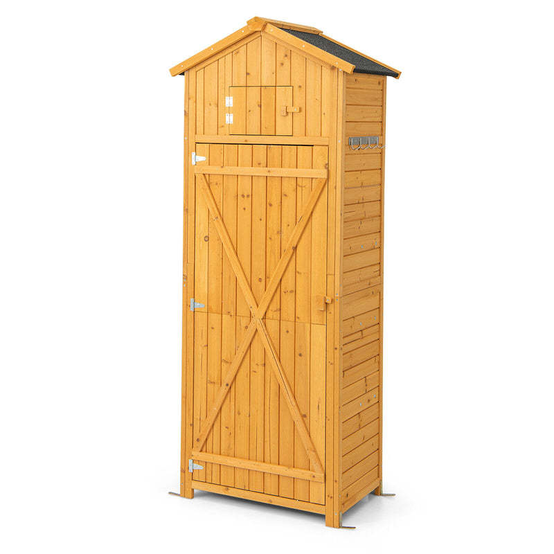 71" Tall Wooden Storage Shed with Lockable Doors & Foldable Work Table, Waterproof Outdoor Cabinet with Removable Shelves for Patio, Backyard, Deck