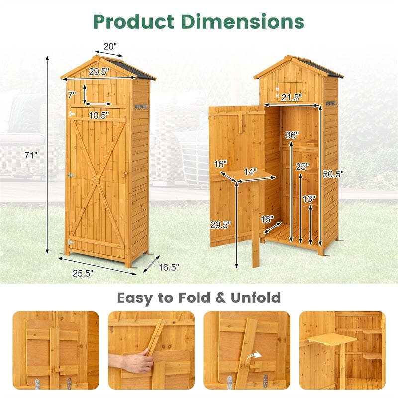 71" Tall Wooden Storage Shed with Lockable Doors & Foldable Work Table, Waterproof Outdoor Cabinet with Removable Shelves for Patio, Backyard, Deck
