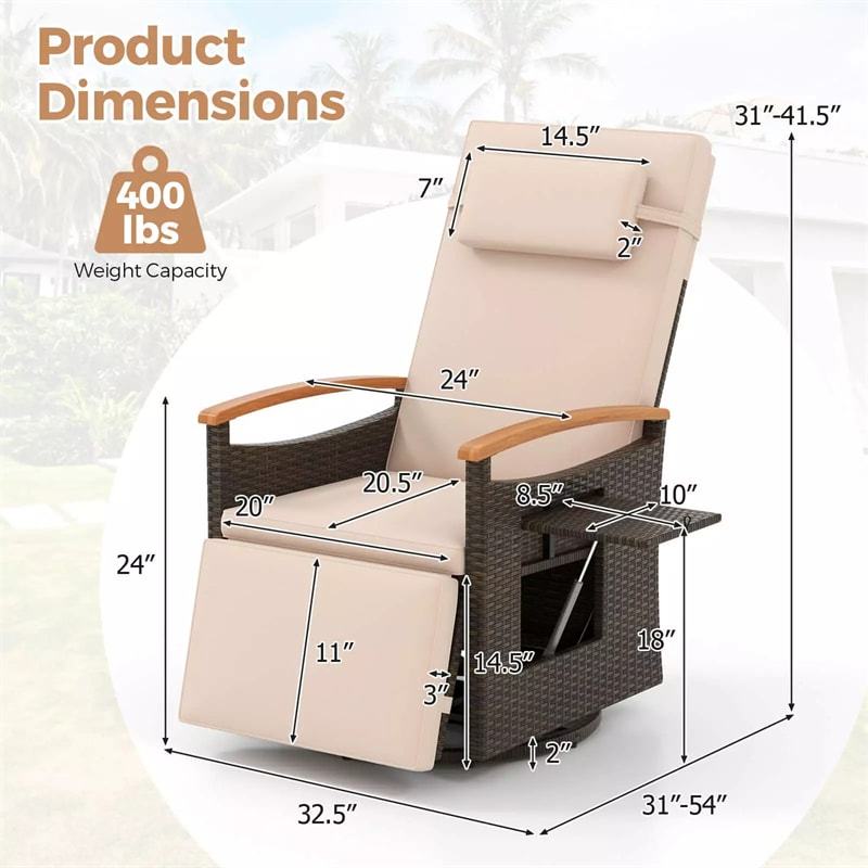 Outdoor 360° Swivel Rattan Recliner Chair with Adjustable Backrest & Footrest, Patio Wicker Chaise Lounge Chair with Flip Side Table & Cushion