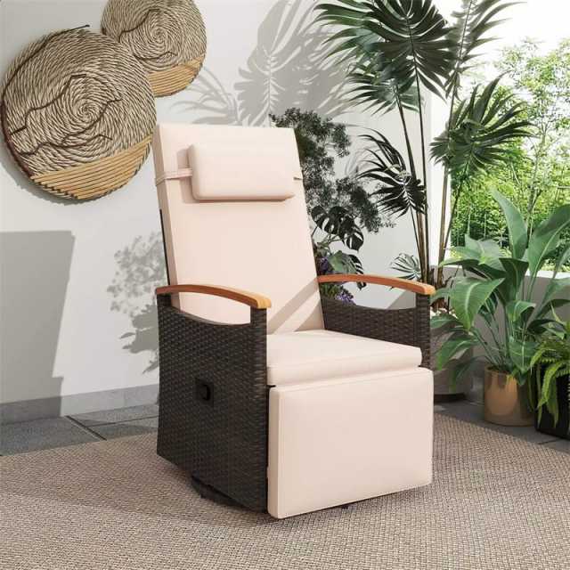 2PCS Outdoor 360° Swivel Rattan Recliner Chair, Patio Wicker Chaise Lounge Chair with Flip Side Table, Cushion, Adjustable Backrest & Footrest