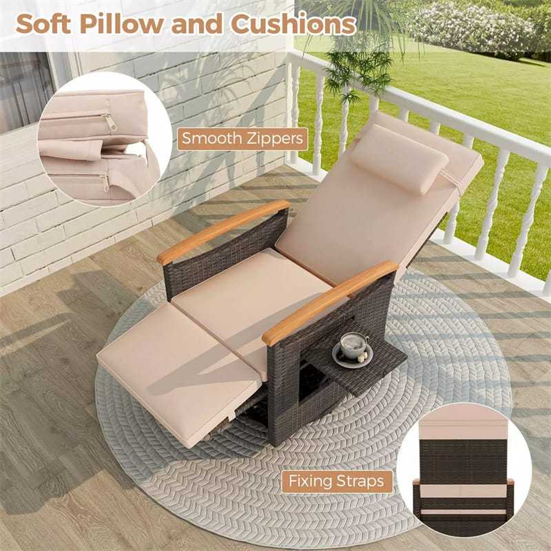 Outdoor 360° Swivel Rattan Recliner Chair with Adjustable Backrest & Footrest, Patio Wicker Chaise Lounge Chair with Flip Side Table & Cushion