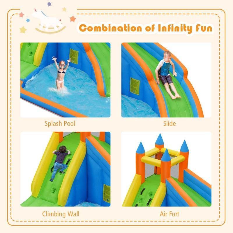 Inflatable Water Slide Mighty Bounce House Jumper Giant Bouncy Waterslide Park with Climbing Wall & Splash Pool for Kids Backyard Fun