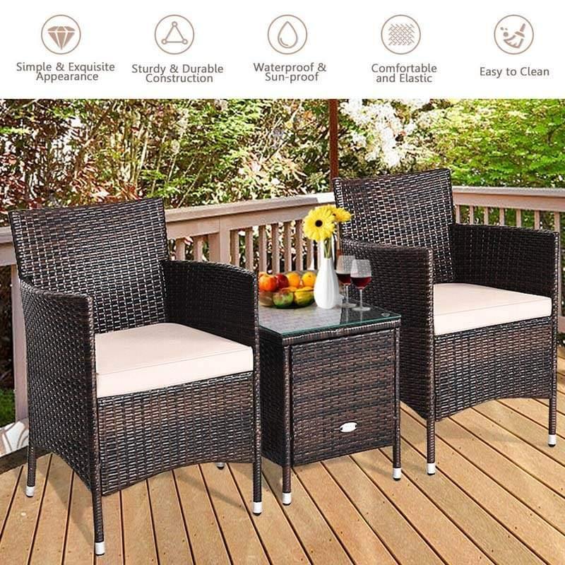 Bestoutdor 3 Piece Patio Rattan Furniture Set, Outdoor Wicker Bistro Set with Cushions & Glass Top Coffee Table for Garden, Porch, Lawn