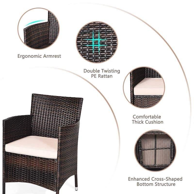 Bestoutdor 3 Piece Patio Rattan Furniture Set, Outdoor Wicker Bistro Set with Cushions & Glass Top Coffee Table for Garden, Porch, Lawn