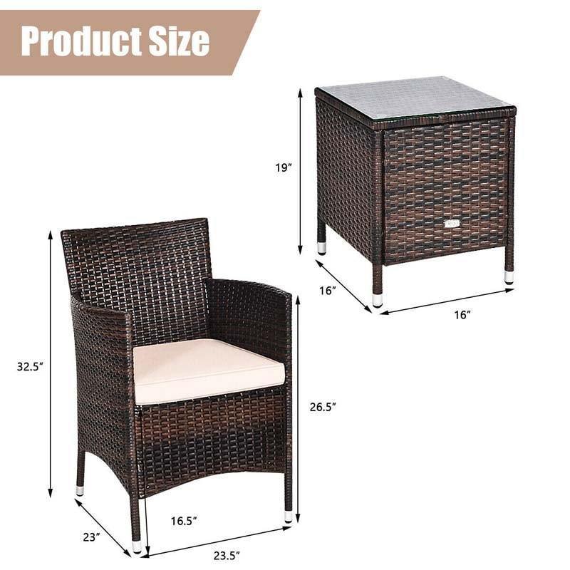 Bestoutdor 3 Piece Patio Rattan Furniture Set, Outdoor Wicker Bistro Set with Cushions & Glass Top Coffee Table for Garden, Porch, Lawn