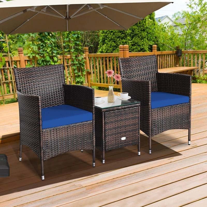 Bestoutdor 3 Piece Patio Rattan Furniture Set, Outdoor Wicker Bistro Set with Cushions & Glass Top Coffee Table for Garden, Porch, Lawn