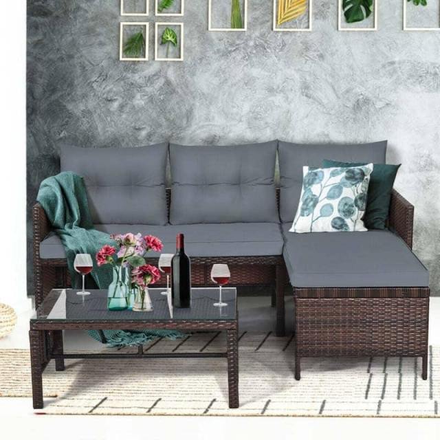 Bestoutdor 3 Pcs Outdoor PE Rattan Furniture Set Corner Sofa Set