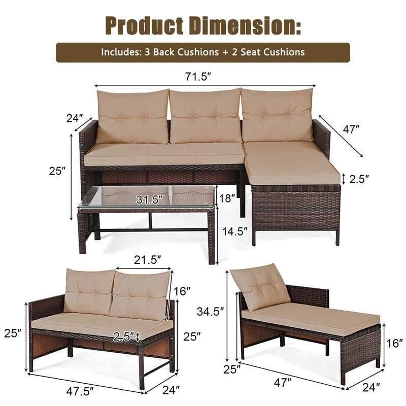 Bestoutdor 3 Pcs Outdoor PE Rattan Furniture Set Corner Sofa Set