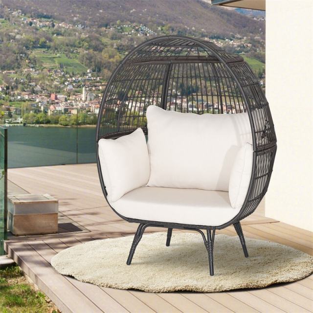 Oversized Wicker Egg Chair, Indoor/Outdoor PE Rattan Basket Lounge Chair with 4 Cushions, Steel Frame, 450LBS Capacity for Patio, Backyard