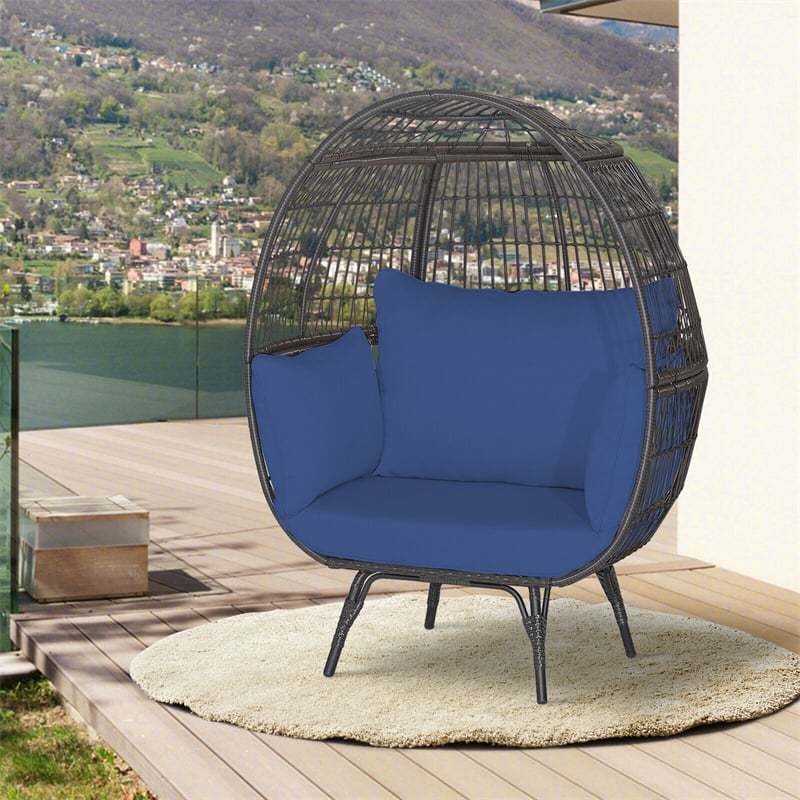 Oversized Wicker Egg Chair, Indoor/Outdoor PE Rattan Basket Lounge Chair with 4 Cushions, Steel Frame, 450LBS Capacity for Patio, Backyard