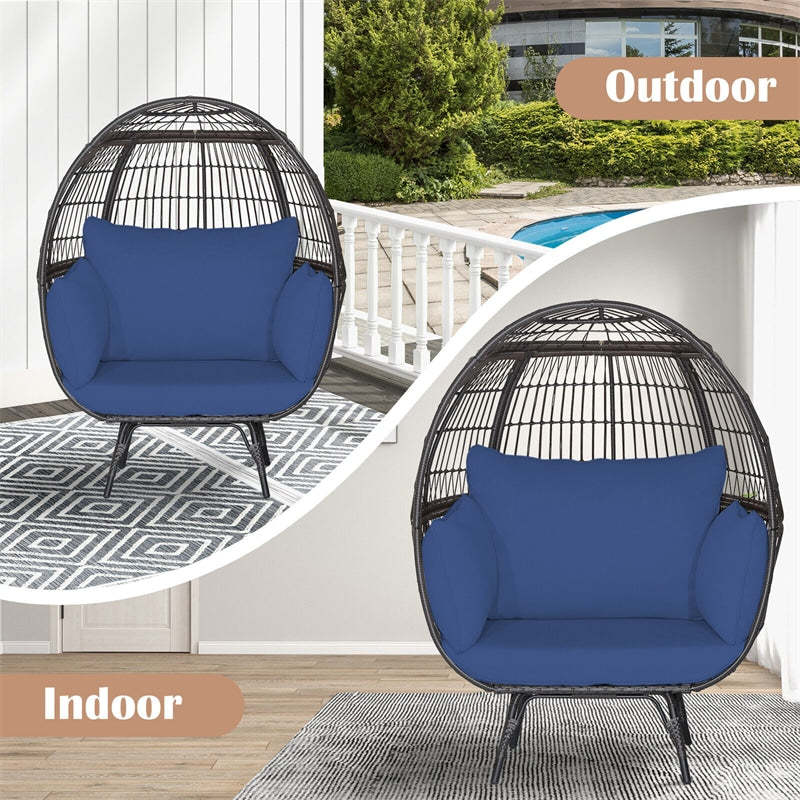 Oversized Wicker Egg Chair, Indoor/Outdoor PE Rattan Basket Lounge Chair with 4 Cushions, Steel Frame, 450LBS Capacity for Patio, Backyard