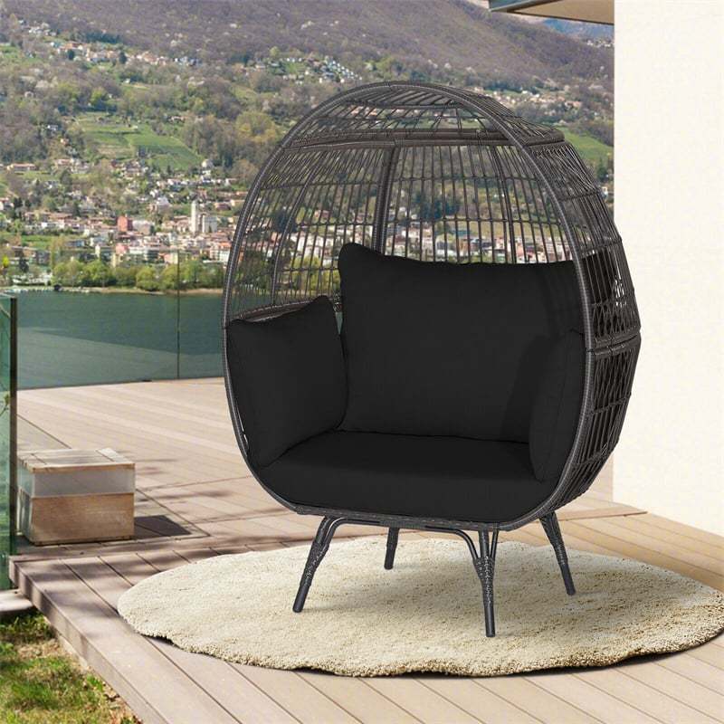 Oversized Wicker Egg Chair, Indoor/Outdoor PE Rattan Basket Lounge Chair with 4 Cushions, Steel Frame, 450LBS Capacity for Patio, Backyard