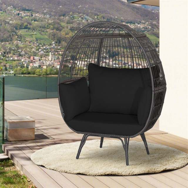 Oversized Wicker Egg Chair, Indoor/Outdoor PE Rattan Basket Lounge Chair with 4 Cushions, Steel Frame, 450LBS Capacity for Patio, Backyard