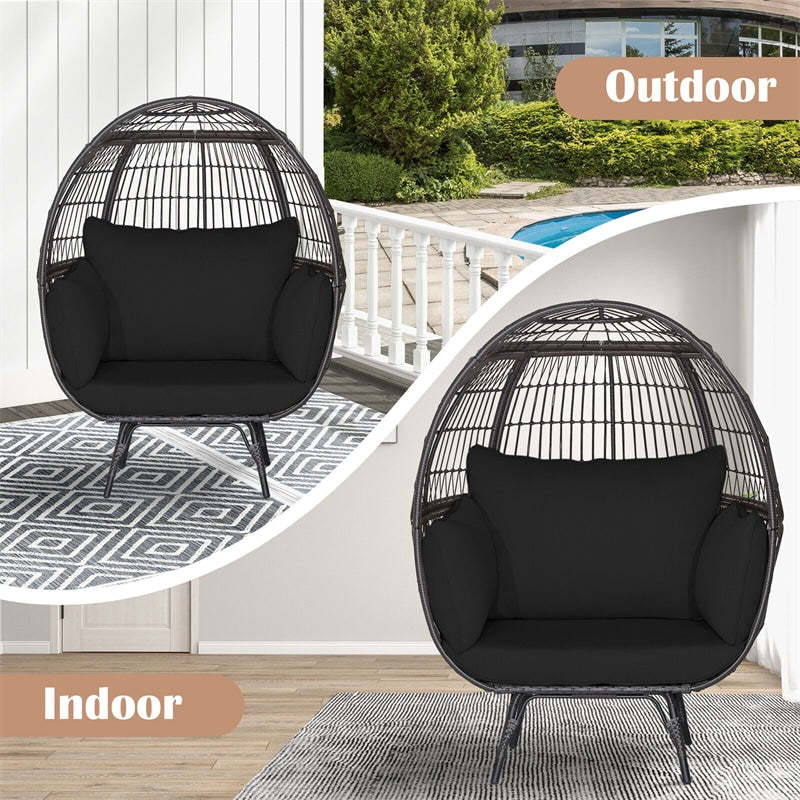 Oversized Wicker Egg Chair, Indoor/Outdoor PE Rattan Basket Lounge Chair with 4 Cushions, Steel Frame, 450LBS Capacity for Patio, Backyard