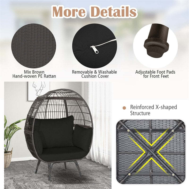 Oversized Wicker Egg Chair, Indoor/Outdoor PE Rattan Basket Lounge Chair with 4 Cushions, Steel Frame, 450LBS Capacity for Patio, Backyard
