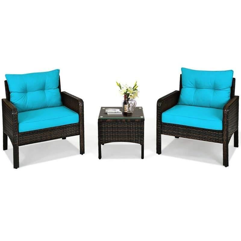 3 Piece Rattan Patio Furniture Set Outdoor Conversation Set Wicker Chairs with Cushions & Glass Top Coffee Table for Garden Lawn Yard