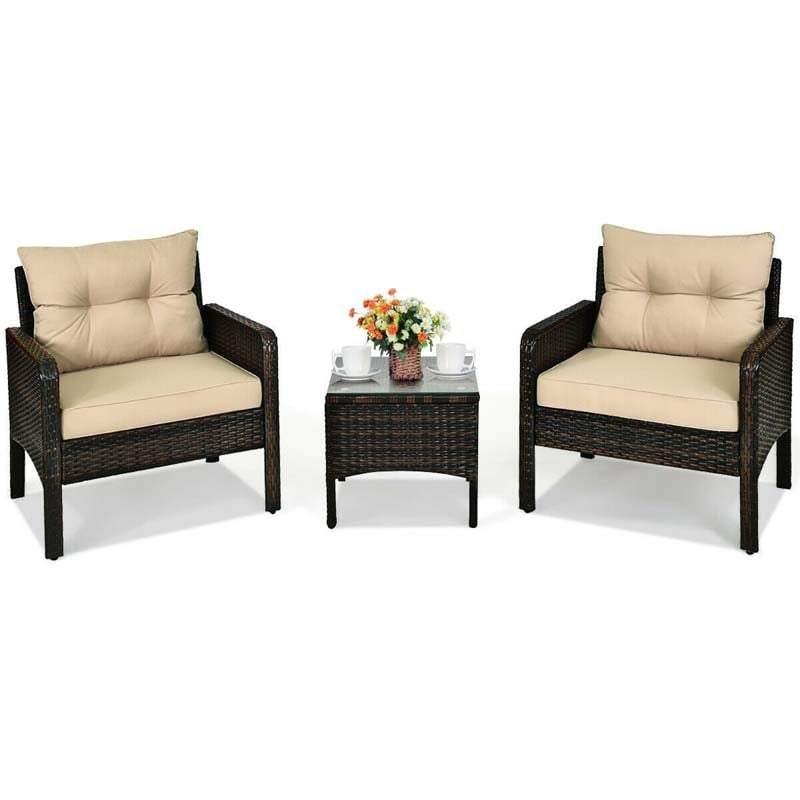 3 Piece Rattan Patio Furniture Set Outdoor Conversation Set Wicker Chairs with Cushions & Glass Top Coffee Table for Garden Lawn Yard