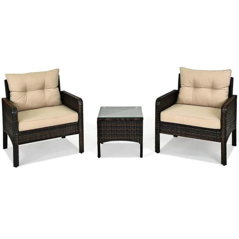 3 Piece Rattan Patio Furniture Set Outdoor Conversation Set Wicker Chairs with Cushions & Glass Top Coffee Table for Garden Lawn Yard
