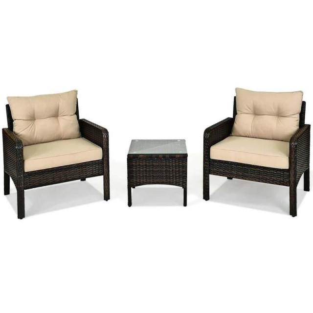 3 Piece Rattan Patio Furniture Set Outdoor Conversation Set Wicker Chairs with Cushions & Glass Top Coffee Table for Garden Lawn Yard