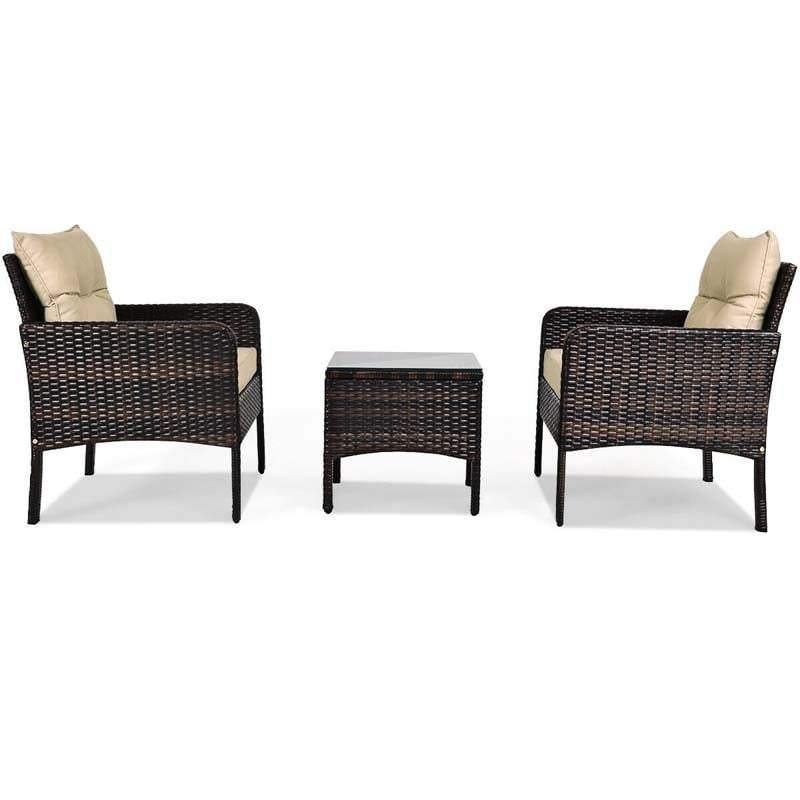 3 Piece Rattan Patio Furniture Set Outdoor Conversation Set Wicker Chairs with Cushions & Glass Top Coffee Table for Garden Lawn Yard
