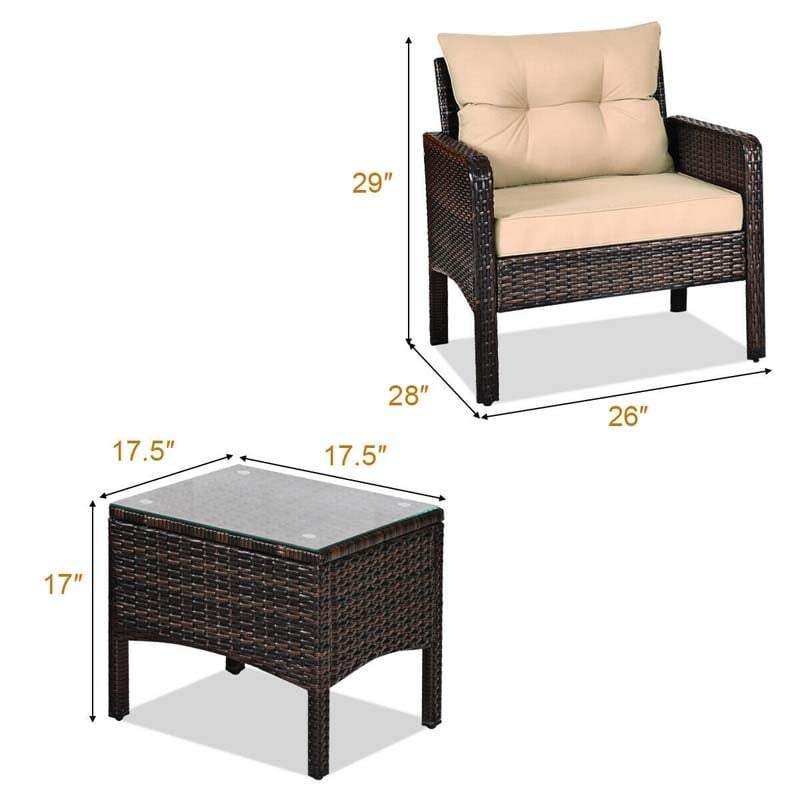 3 Piece Rattan Patio Furniture Set Outdoor Conversation Set Wicker Chairs with Cushions & Glass Top Coffee Table for Garden Lawn Yard