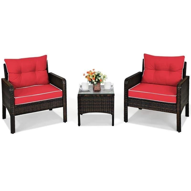 3 Piece Rattan Patio Furniture Set Outdoor Conversation Set Wicker Chairs with Cushions & Glass Top Coffee Table for Garden Lawn Yard