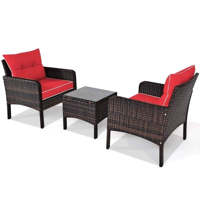 3 Piece Rattan Patio Furniture Set Outdoor Conversation Set Wicker Chairs with Cushions & Glass Top Coffee Table for Garden Lawn Yard