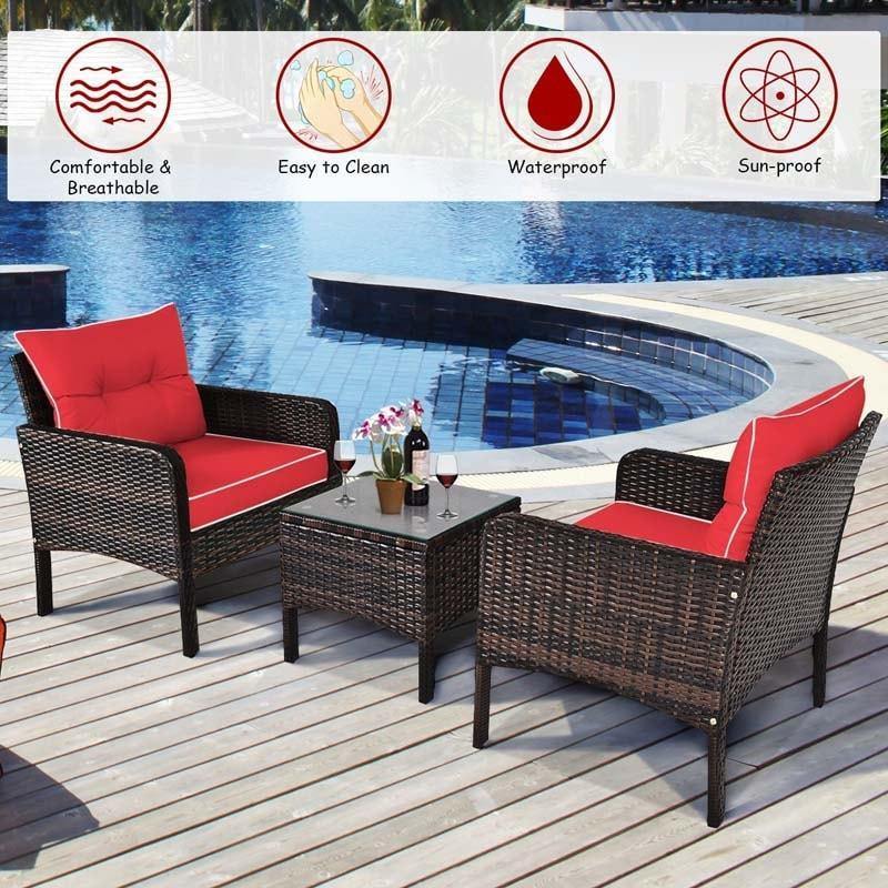 3 Piece Rattan Patio Furniture Set Outdoor Conversation Set Wicker Chairs with Cushions & Glass Top Coffee Table for Garden Lawn Yard