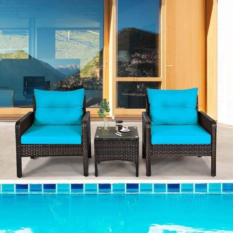 3 Piece Rattan Patio Furniture Set Outdoor Conversation Set Wicker Chairs with Cushions & Glass Top Coffee Table for Garden Lawn Yard