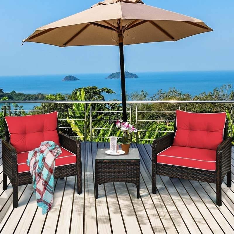 3 Piece Rattan Patio Furniture Set Outdoor Conversation Set Wicker Chairs with Cushions & Glass Top Coffee Table for Garden Lawn Yard
