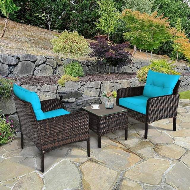 3 Piece Rattan Patio Furniture Set Outdoor Conversation Set Wicker Chairs with Cushions & Glass Top Coffee Table for Garden Lawn Yard