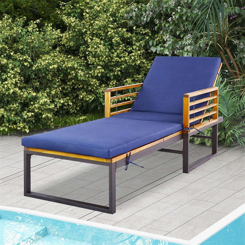 Acacia Wood Outdoor Chaise Lounge Heavy Duty Patio Lounge Chair Reclining Pool Chair with Cushions, 4-Position Adjustable Backrest