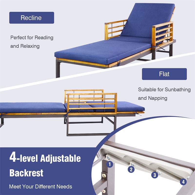 Acacia Wood Outdoor Chaise Lounge Heavy Duty Patio Lounge Chair Reclining Pool Chair with Cushions, 4-Position Adjustable Backrest