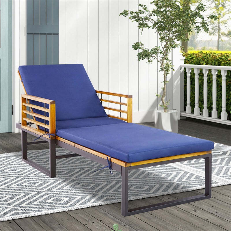 Acacia Wood Outdoor Chaise Lounge Heavy Duty Patio Lounge Chair Reclining Pool Chair with Cushions, 4-Position Adjustable Backrest