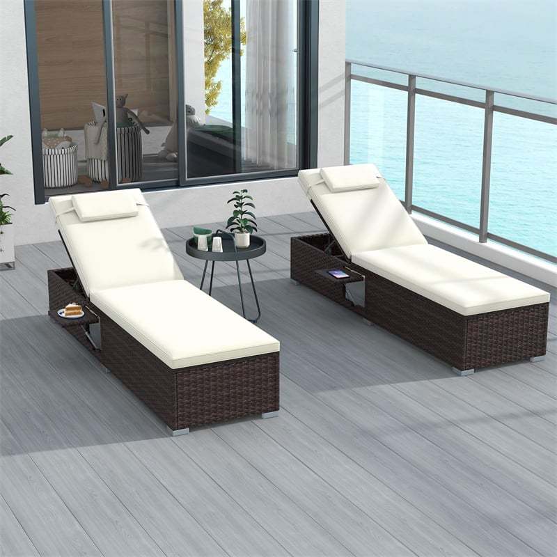 Patio Chaise Lounge, Outdoor Rattan Lounge Chair with 6-Level Adjustable Backrest, Cushion & Headrest, Metal Frame Backyard Reclining Chair