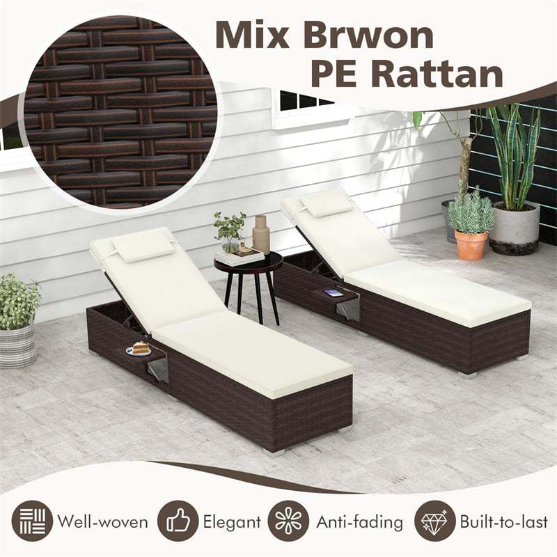 Patio Chaise Lounge, Outdoor Rattan Lounge Chair with 6-Level Adjustable Backrest, Cushion & Headrest, Metal Frame Backyard Reclining Chair