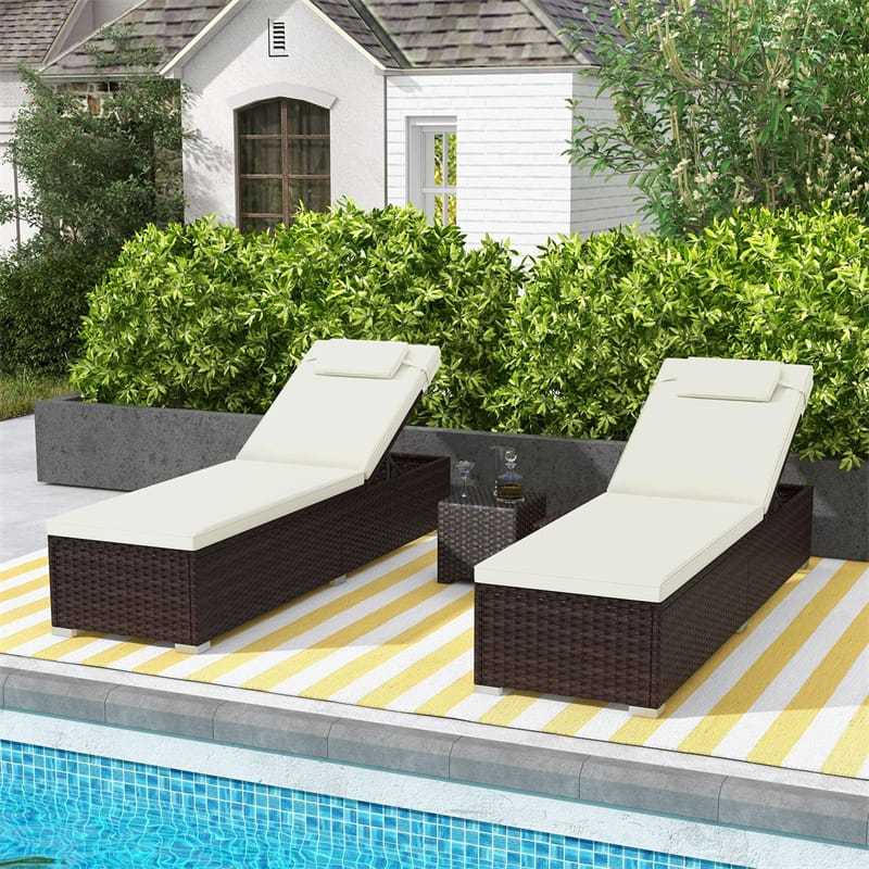 Patio Chaise Lounge, Outdoor Rattan Lounge Chair with 6-Level Adjustable Backrest, Cushion & Headrest, Metal Frame Backyard Reclining Chair