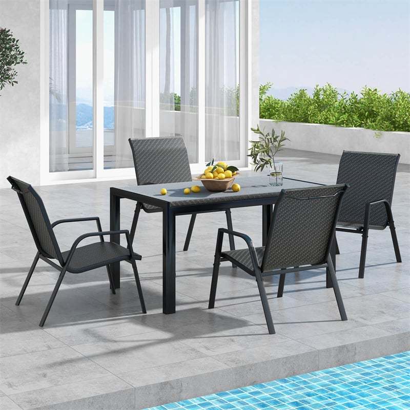 Patio Rattan Chairs Set of 4 Stackable Outdoor Dining Chairs with Wicker Woven Backrest & Seat, Heavy-Duty Metal Frame