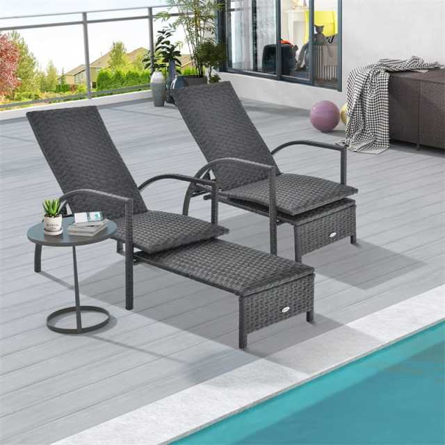 Patio Chaise Lounge Set of 2, Outdoor Rattan Lounge Chairs with Retractable Footrest, 5-Level Adjustable Backrest, Padded Seat, Metal Frame for Yard