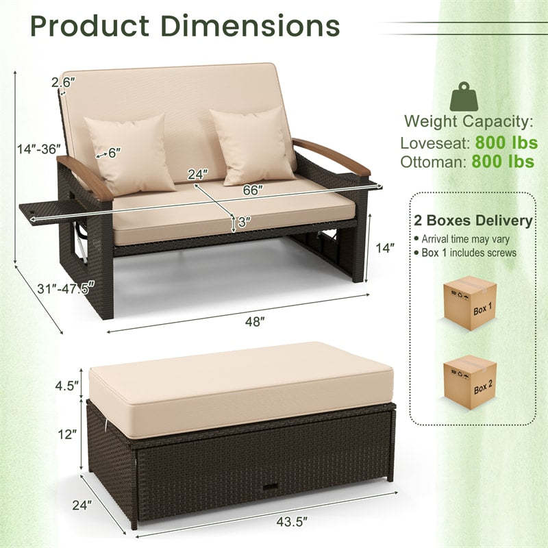 Patio Rattan Daybed Set with Cushioned Loveseat, Storage Ottoman, Retractable Side Tray, Backrest Adjustable Outdoor Double Chaise Lounge