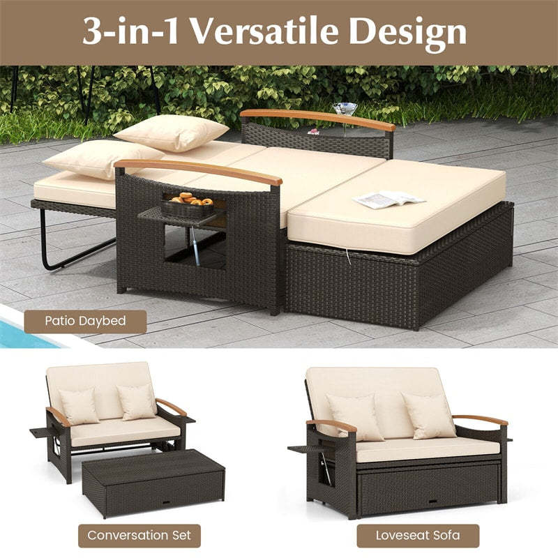 Patio Rattan Daybed Set with Cushioned Loveseat, Storage Ottoman, Retractable Side Tray, Backrest Adjustable Outdoor Double Chaise Lounge