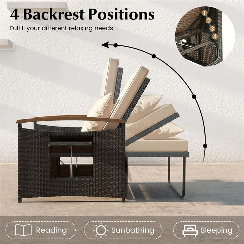 Patio Rattan Daybed Set with Cushioned Loveseat, Storage Ottoman, Retractable Side Tray, Backrest Adjustable Outdoor Double Chaise Lounge