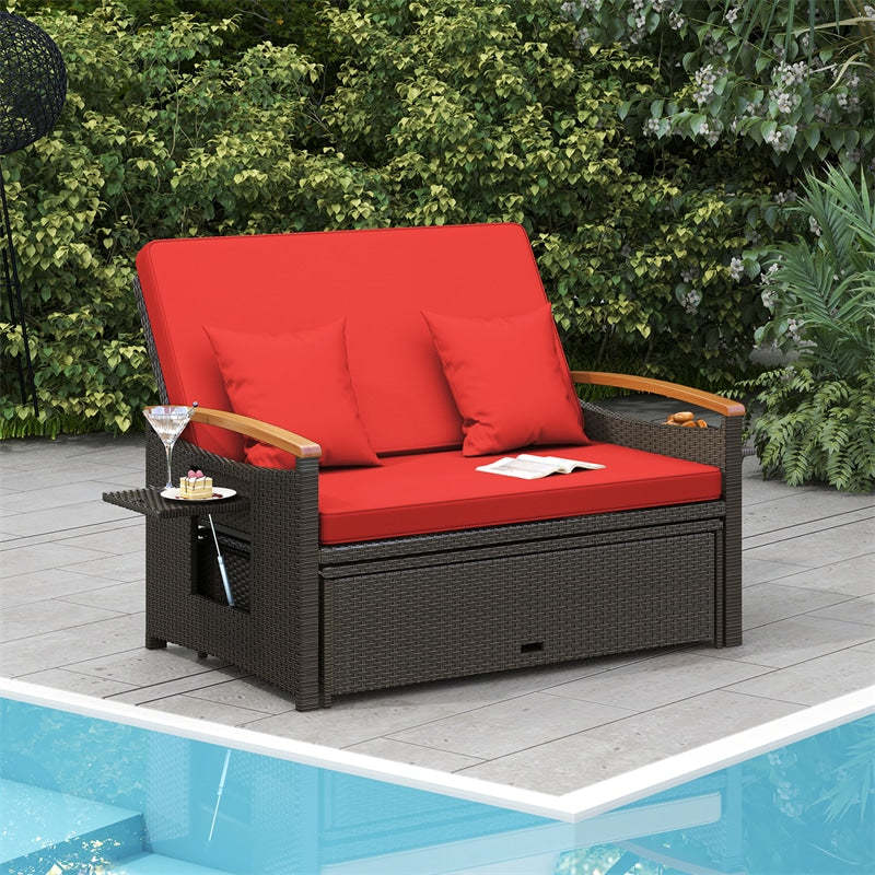 Patio Rattan Daybed Set with Cushioned Loveseat, Storage Ottoman, Retractable Side Tray, Backrest Adjustable Outdoor Double Chaise Lounge