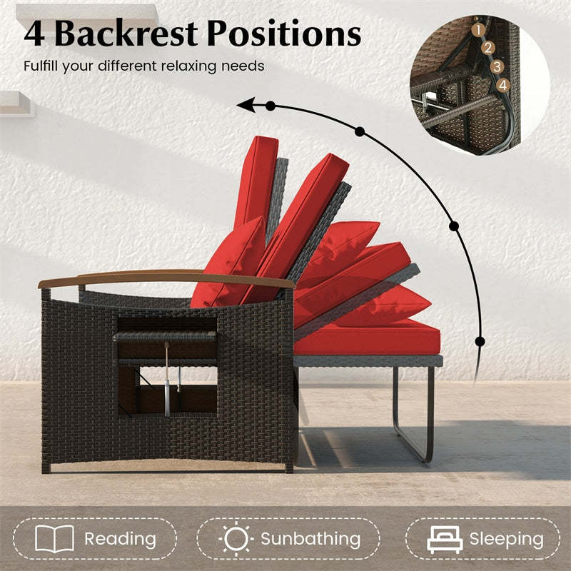 Patio Rattan Daybed Set with Cushioned Loveseat, Storage Ottoman, Retractable Side Tray, Backrest Adjustable Outdoor Double Chaise Lounge