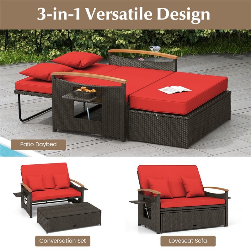 Patio Rattan Daybed Set with Cushioned Loveseat, Storage Ottoman, Retractable Side Tray, Backrest Adjustable Outdoor Double Chaise Lounge