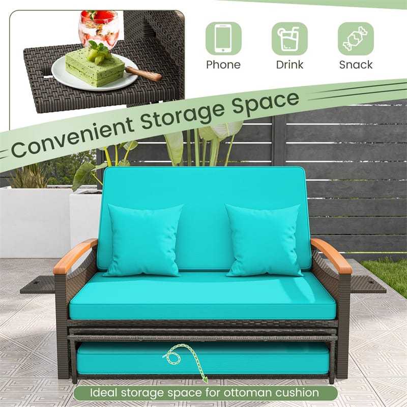 Patio Rattan Daybed Set with Cushioned Loveseat, Storage Ottoman, Retractable Side Tray, Backrest Adjustable Outdoor Double Chaise Lounge
