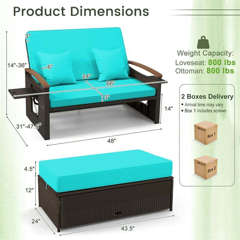Patio Rattan Daybed Set with Cushioned Loveseat, Storage Ottoman, Retractable Side Tray, Backrest Adjustable Outdoor Double Chaise Lounge
