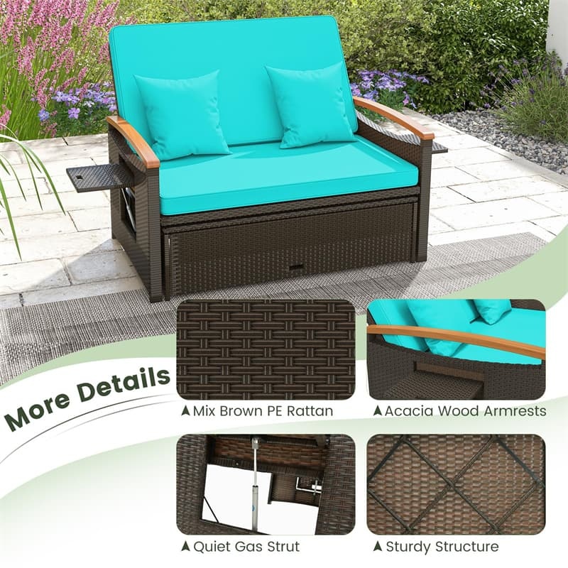 Patio Rattan Daybed Set with Cushioned Loveseat, Storage Ottoman, Retractable Side Tray, Backrest Adjustable Outdoor Double Chaise Lounge